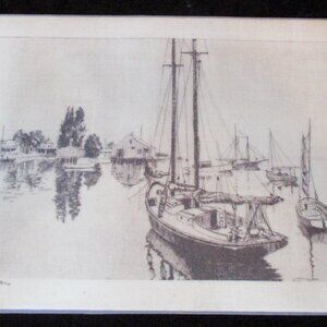 Vintage Lionel Barrymore Plastic Coated Lithograph "Quiet Waters" 17.25 x 11.50